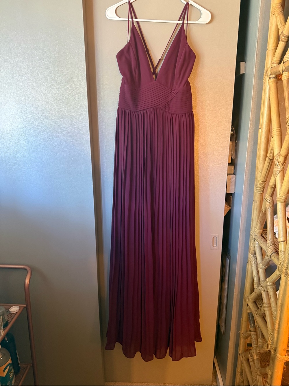 Soieblu Deep Burgundy Pleated Maxi Dress with V-Neck